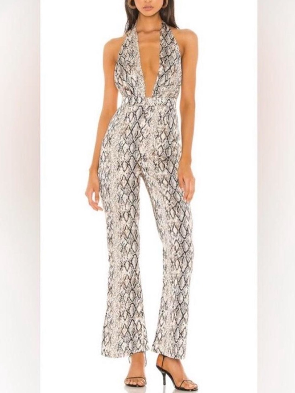 Super down Snake Print Halter Jumpsuit - Ivory/Black